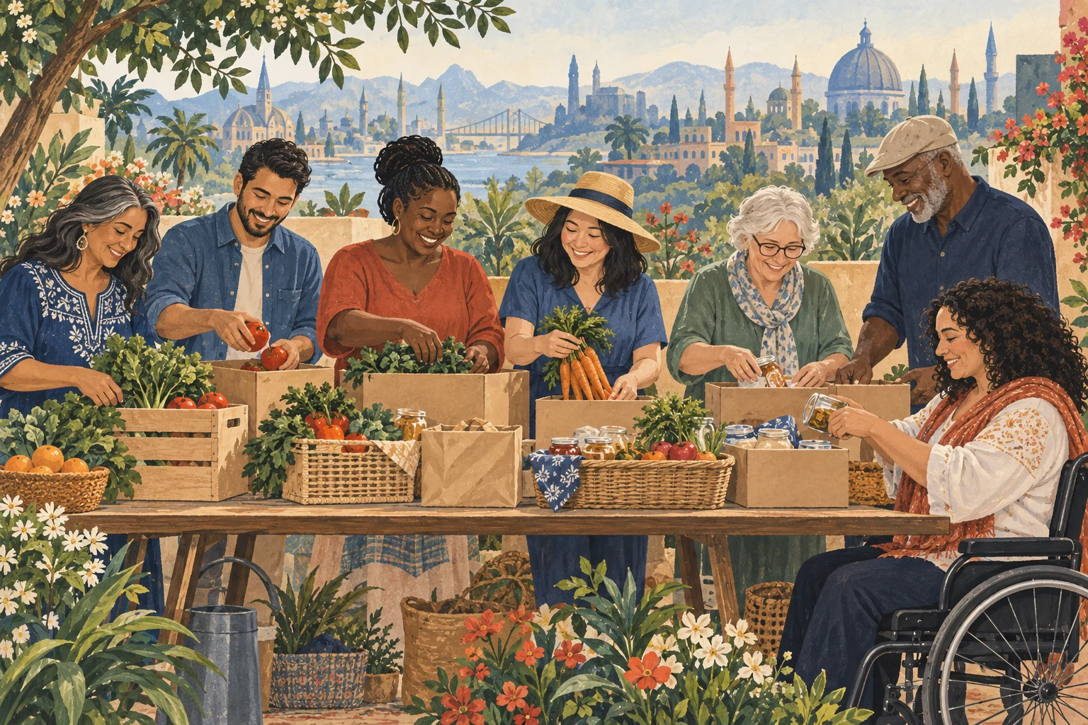Original illustration of a diverse group of adults preparing food and care baskets together in a garden.