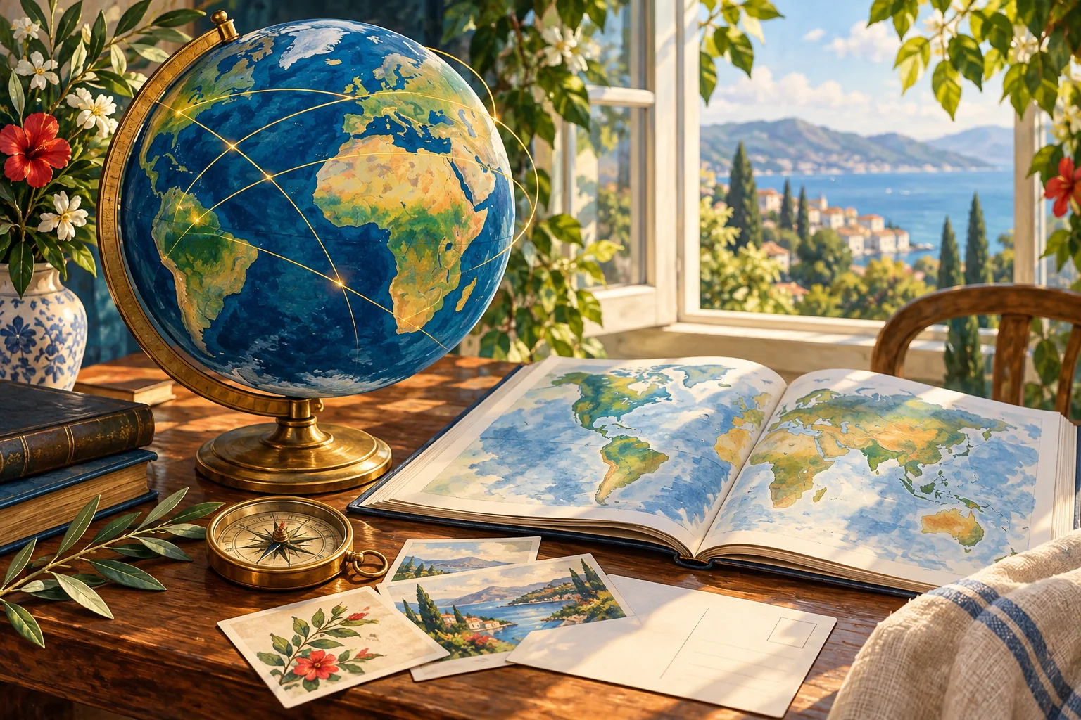 Original illustration of a globe, open atlas and compass beside a sunlit window.
