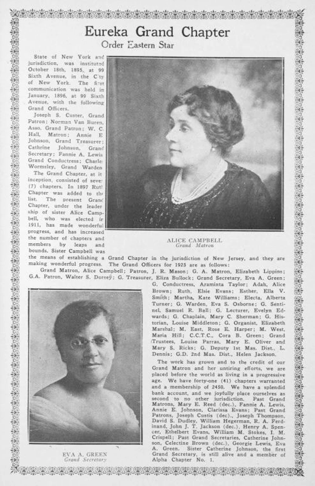 A 1925 Eureka Grand Chapter page with portraits of Grand Matron Alice Campbell and Grand Secretary Eva A. Green.
