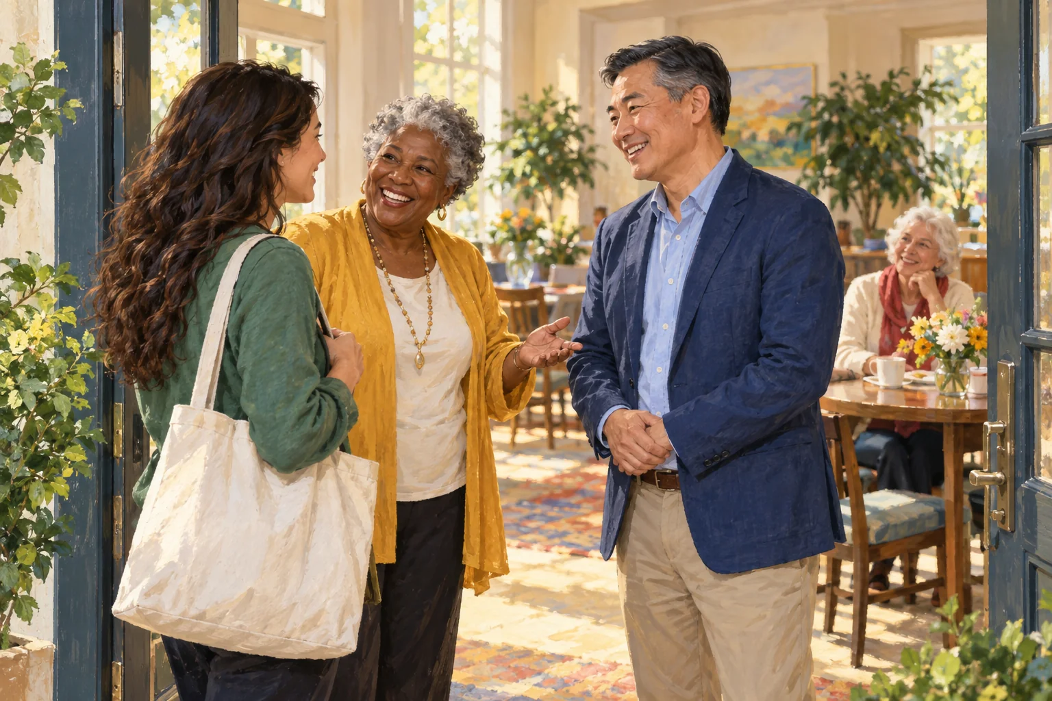 Original illustration of adults welcoming a visitor into a bright community room.