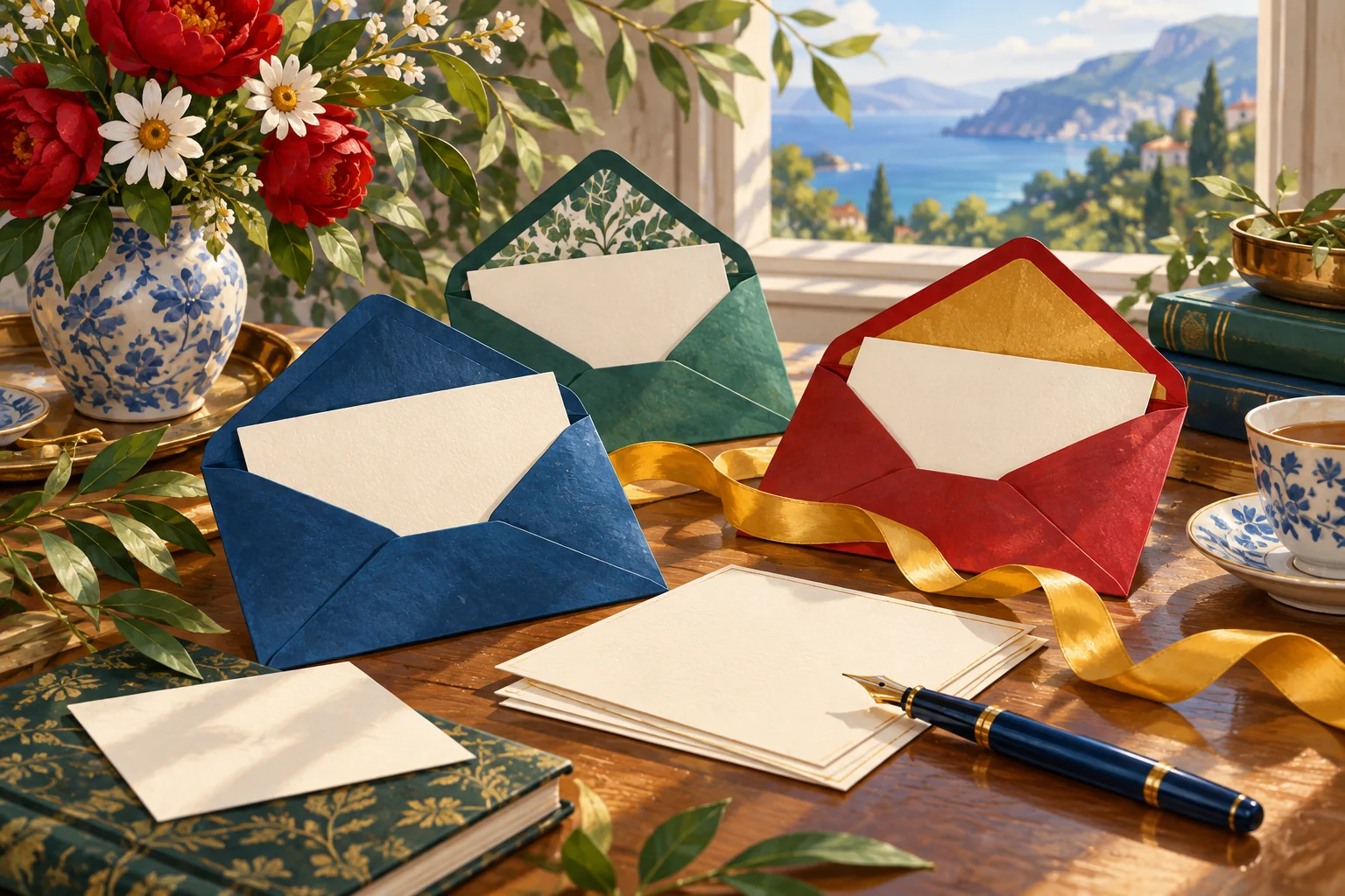 Original illustration of colorful envelopes, cream note cards and flowers on a sunlit desk.