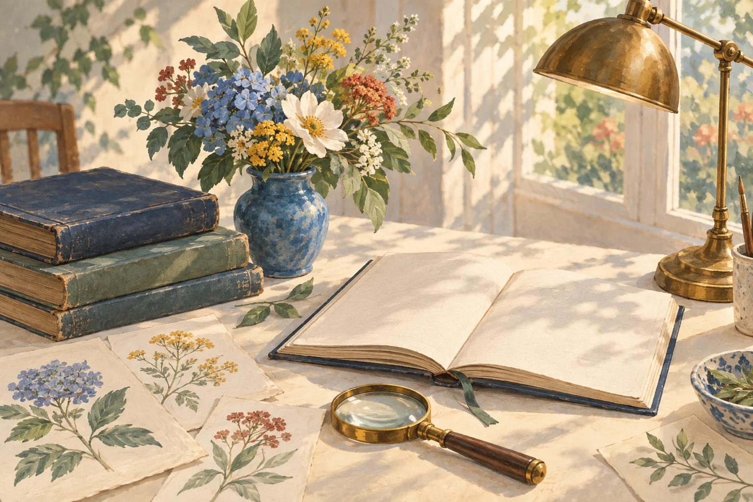 Original still-life illustration of books, a journal and a magnifying glass.