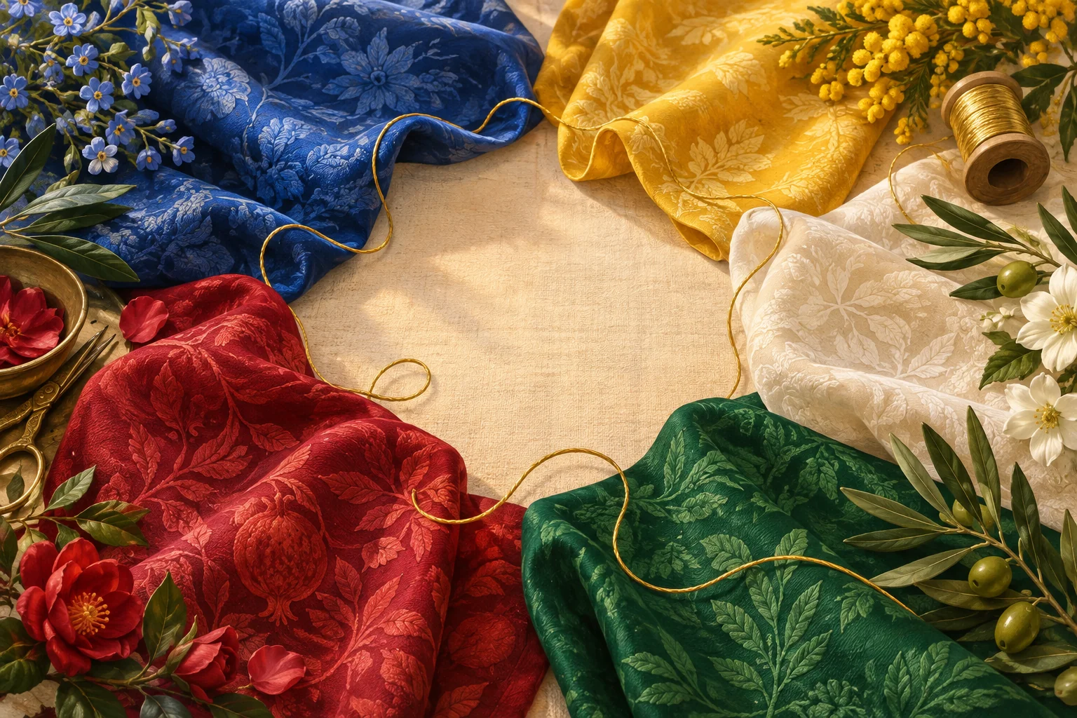 Original illustration of distinct blue, yellow, white, green and red fabrics with a curling gold thread.