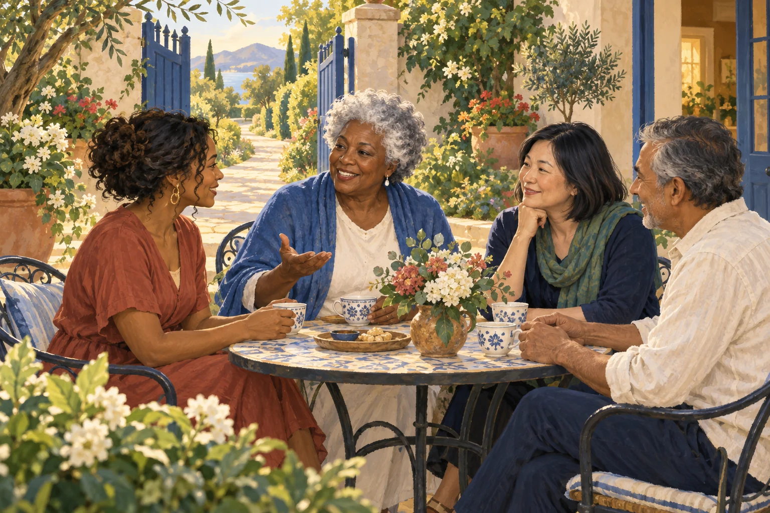 Illustration of four adults sharing a welcoming conversation in a sunlit garden.