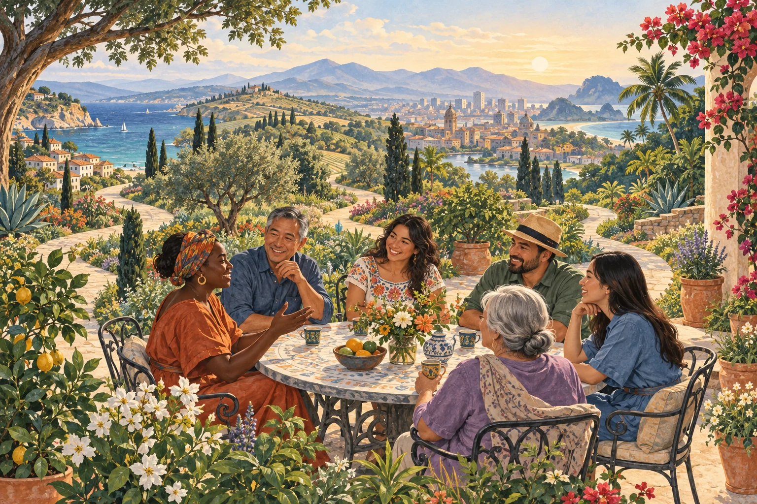 Imagined illustration of a diverse group of adults sharing conversation around a garden table.